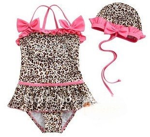 Sample girl bikini cover-ups one-pieces Leopard pink bowtie swimwear girls bikini+cap two-pieces/set