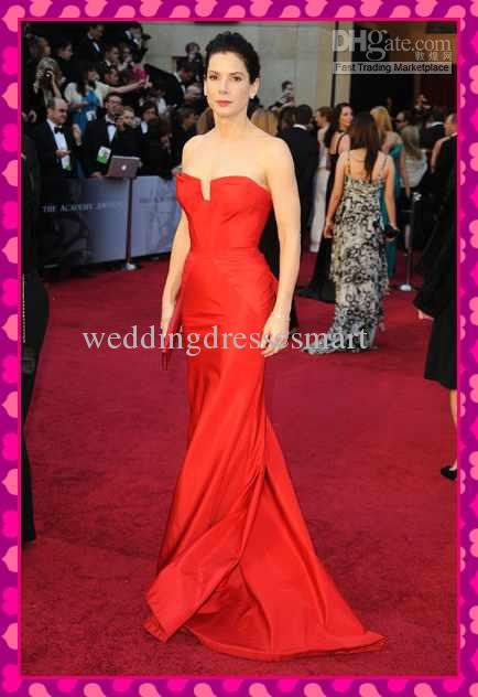 Sandra Bullock Strapless Bright Red Sexy Sheath Taffeta Simple 83rd Oscar Awards Celebrity Dresses