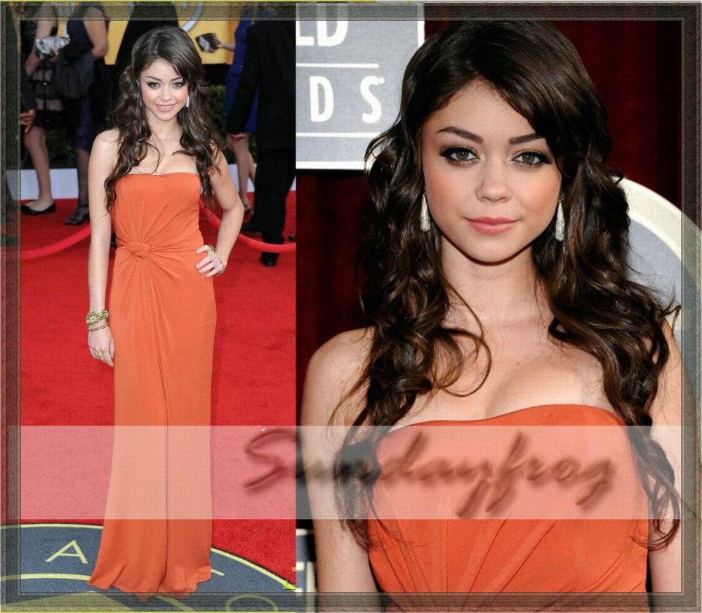 Sarah Hyland 2011 SAG Red Carpet Celebrity Dress Strapless Chiffon Sheath Ruffle Ruched Floor-Length Party Dress Formal Gown