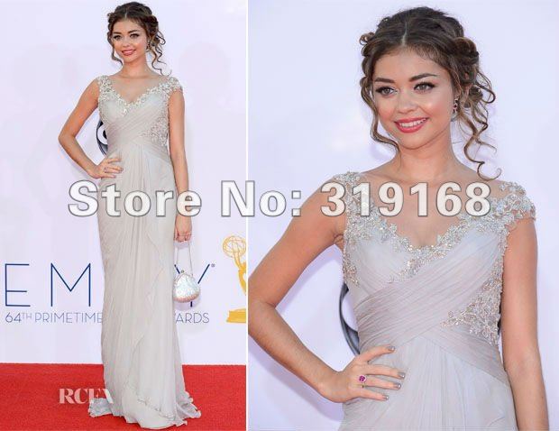 Sarah Hyland 2012 Emmy Awards Red Carpet Dress A-line Straps V-neck with Lace Chiffon Ivory Evening Gown IWD10131