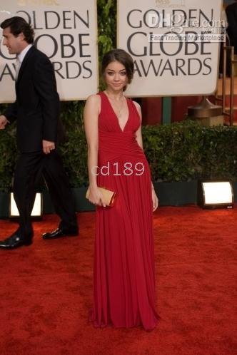 Sarah Hyland V-neck pleats red chiffon floor-length 67th Golden Globe Dress Hot Selling