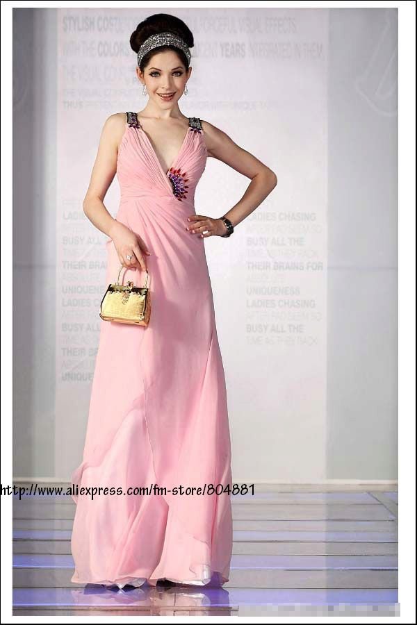 SARMIT- 2012 new customized exquiste pink A-line floor length v neck star evening dress, Celebrity Dresses