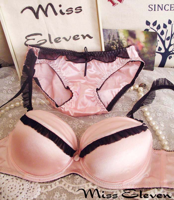 Satin bag buckle lace pink princess series insert push up underwear bra set
