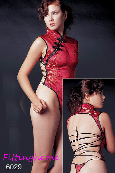 Satin Butterfly Brocade Teddie With Lace- Up Back. In Beautiful Satin Red With Gold Butterfly Trim & Black Details.