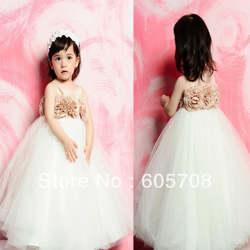 Satin champagne tulle flower girl dresses with flowers at front and back at top