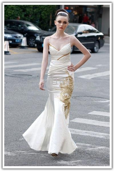 satin Formal Gowns Elegant spaghetti straps white with gold embroidery floor-length elastic woven