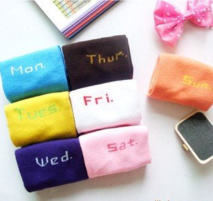 SAVE! 2012 new arrival heart printing combed cotton weekly socks/women socks,one color each day of a week,wholesale