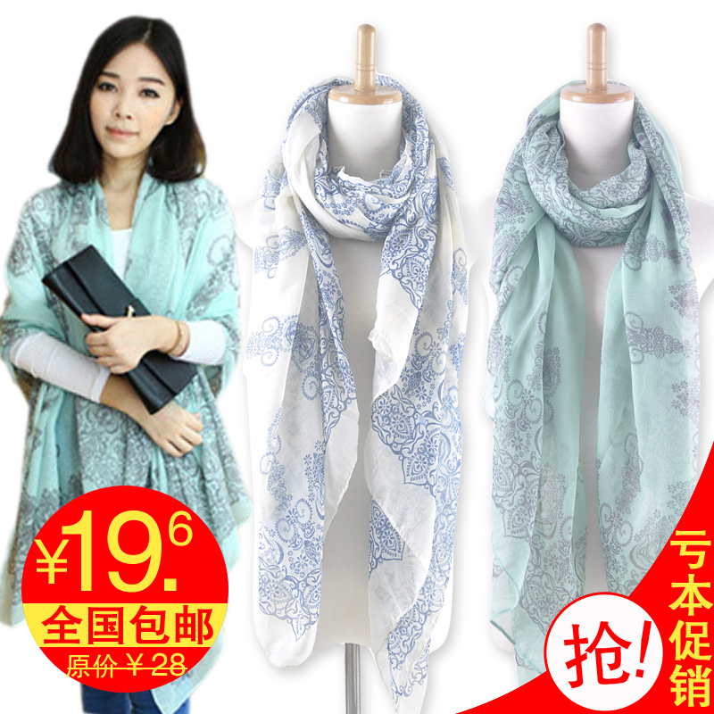 Scarf silk scarf fluid scarf cape dual-use ultra long paragraph blue and white porcelain scarf autumn and winter female