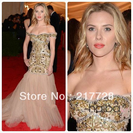 Scarlett Johansson Champagne Embroidery crystals Off-the-shoulder Sheath Brush Train Celebrity Dresses G-590