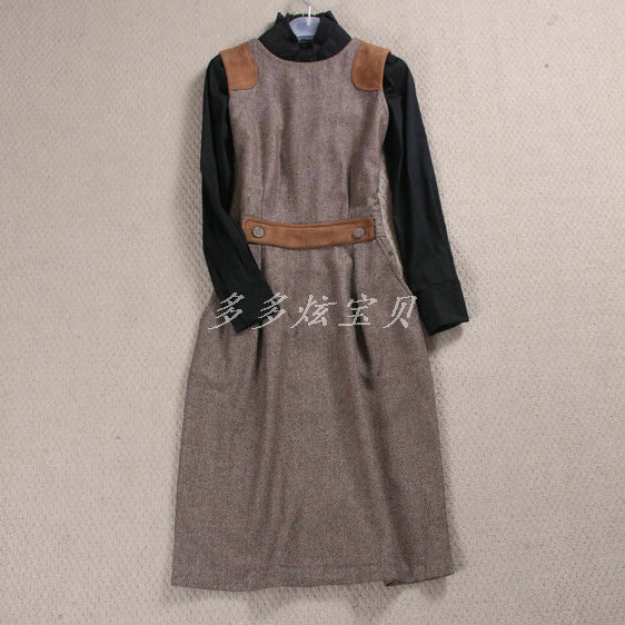 Scrub genuine leather patchwork chevron vest style all-match wool one-piece dress