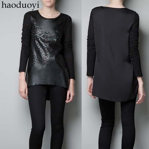 Sculpture cutout PU analysed faux leather top patchwork knitted dovetail black long-sleeve T-shirt basic shirt