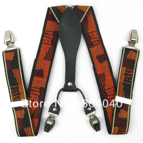 SD106 Adult Suspenders Men's Braces Unisex Adjustable Belts Metal Clip-on Synthetic leather Novelty  Pattern Orange Black
