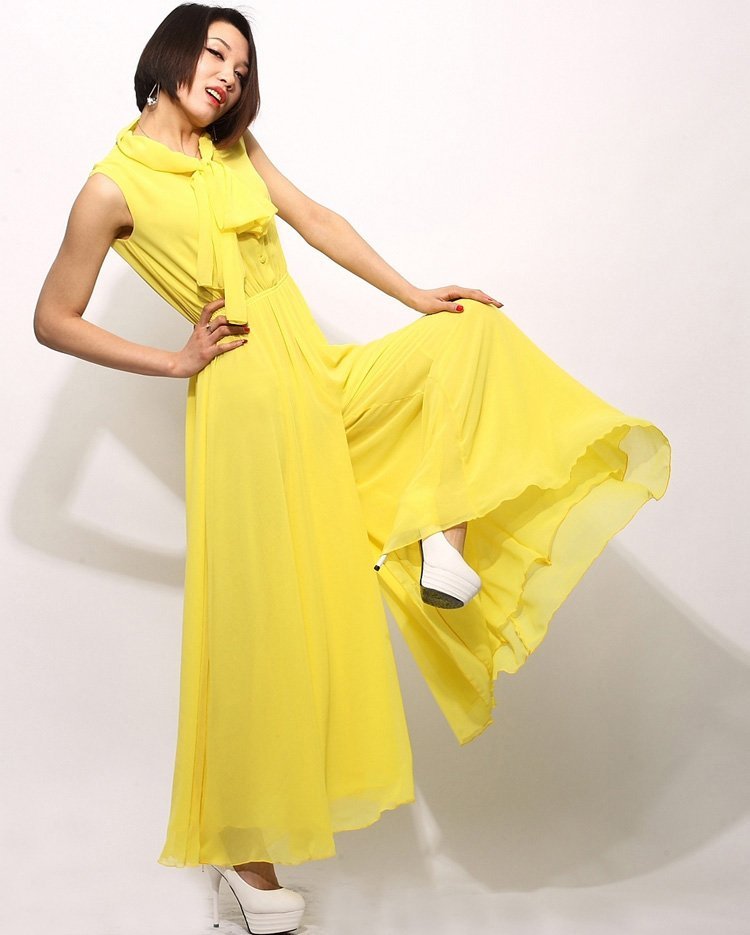 SD43 Yellow Color 2012 New Silk Maxi Long jumpsuit wide leg pant full linning Plus size drop shipping support