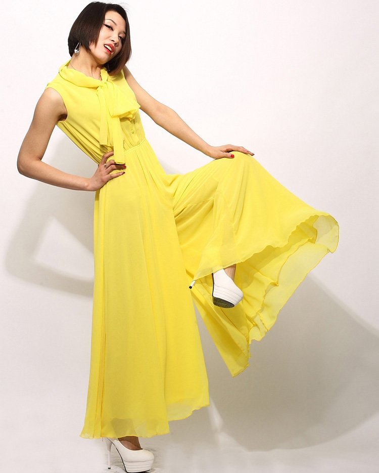 SD43 Yellow Color  2012 New Silk Maxi Long jumpsuit wide leg pant  full linning Plus size drop shipping support