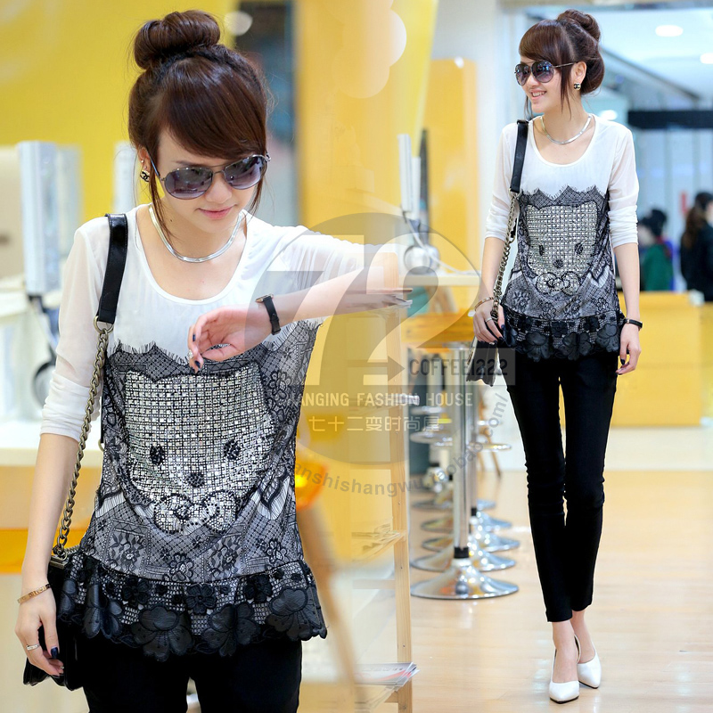 Se8301 2013 women's spring lace leather patchwork medium-long long-sleeve T-shirt