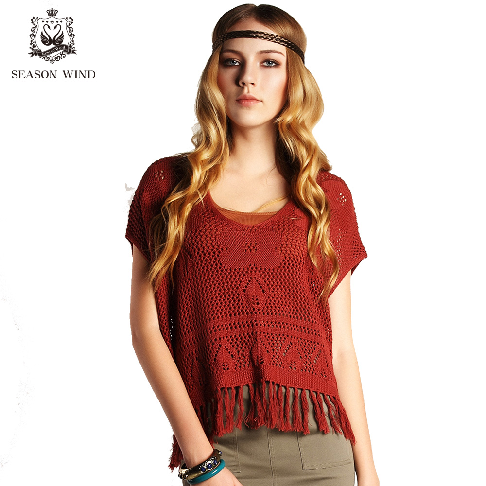 SEASONWIND 2013 new arrival spring fashion crotch cutout tassel straight short design sweater