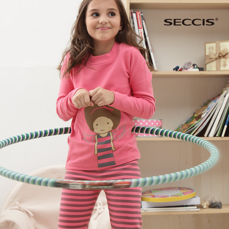 Seccis series female child goatswool o-neck print underwear set child long johns long johns jeans kid