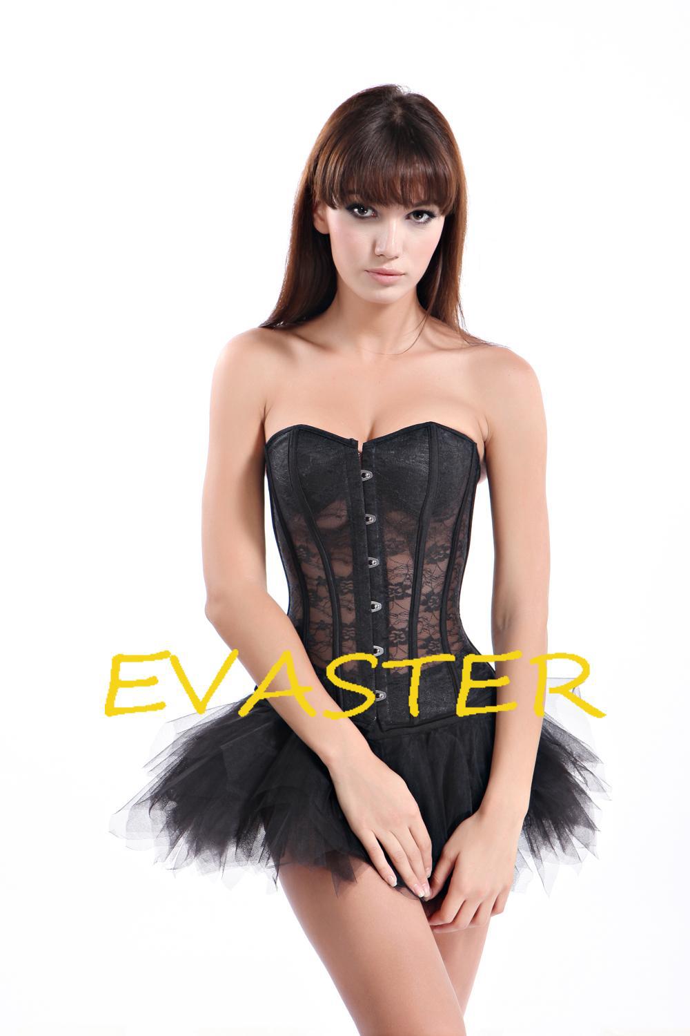 see through hotsale Strapless Black Lace woman sexy corset set wih Pettiskirt