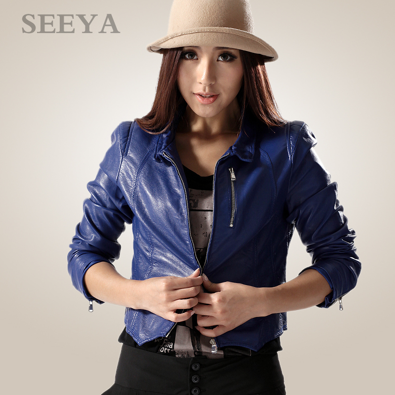 Seeya winter women's stand collar short design motorcycle water washed leather clothing slim outerwear PU leather jacket