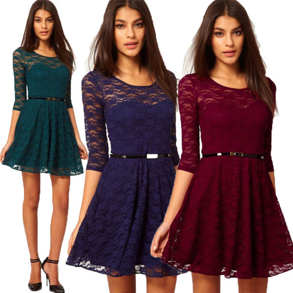 [SEKKES] 2013 BRAND NEW Hot Fashion Women LACE DRESS SLIM O-NECK 3/4 SLEEVE SEXY DRESS WITH BELT DRS027