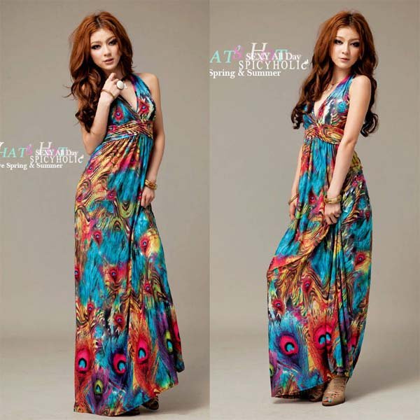 [SEKKES] Drop Shipping Fashion Bohemia Summer V-neck Halter Peacock Maxi Dresses For Women DRS011