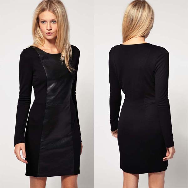 [SEKKES] Knee-length Dress Women PU Leather Stitching Long Sleeve Vintage Dress DRS002