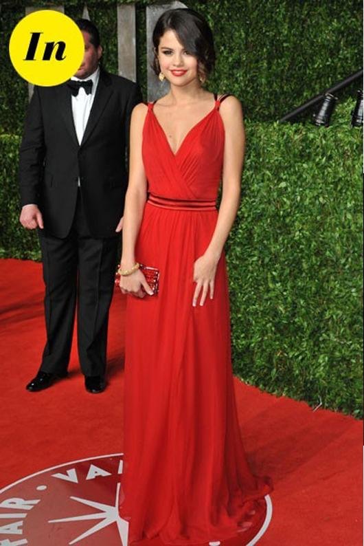 Selena Gomez V neck A Line Spaghetti Strap Sash Chiffon Oscars Red Carpet Celebrity Dresses 2012 Evening Dress Zipper Back