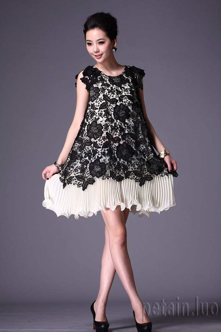 Seleucus loose and comfortable spring and summer lace skirt after placketing pleated water soluble embroidered one-piece dress