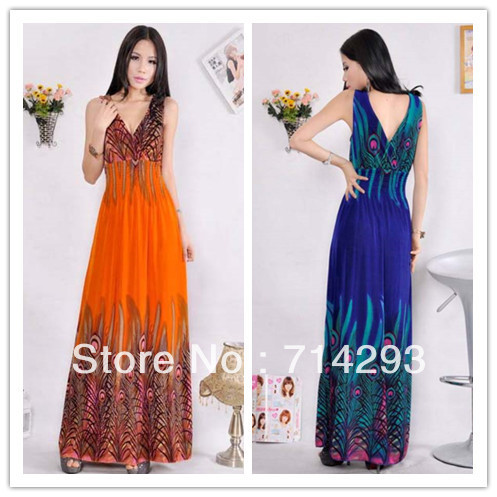 Sell Deep V Collar Peacock Bohemia Summer Long Beach Dress Maxi Skirt Dress free shipping free shipping 11100