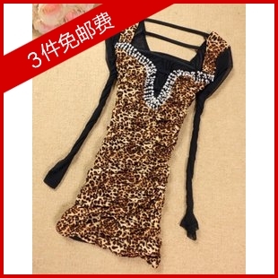 Sell free shipping 2013 dress autumn and winter handmade beads paillette sexy u pleated sexy formal dress long-sleeve dress