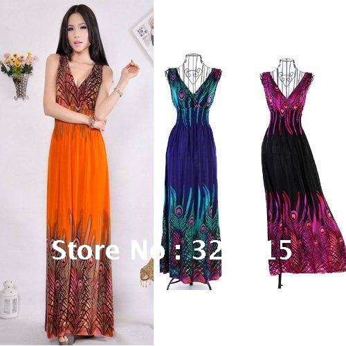 Sell one like this Deep V Collar Peacock Bohemia Summer Long Beach Dress Maxi Skirt Dress free shipping wholesale P004