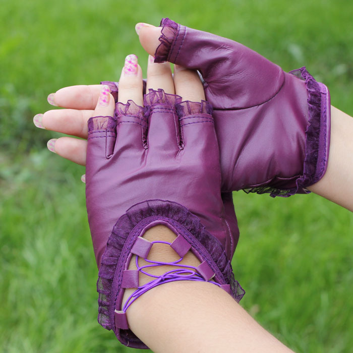 semi-finger lucy refers to gloves female winter sheepskin genuine leather gloves women's non-mainstream lace short