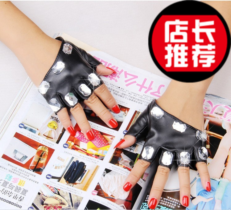 Semi-finger women's faux leather genuine leather acrylic diamond rhinestone gloves