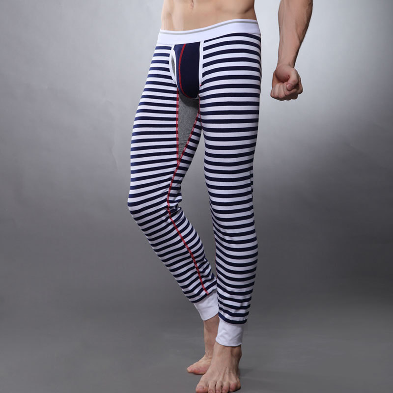Seobean low-waist tight mens long johns 100% cotton thin warm pants men's legging underpants stripe line pants