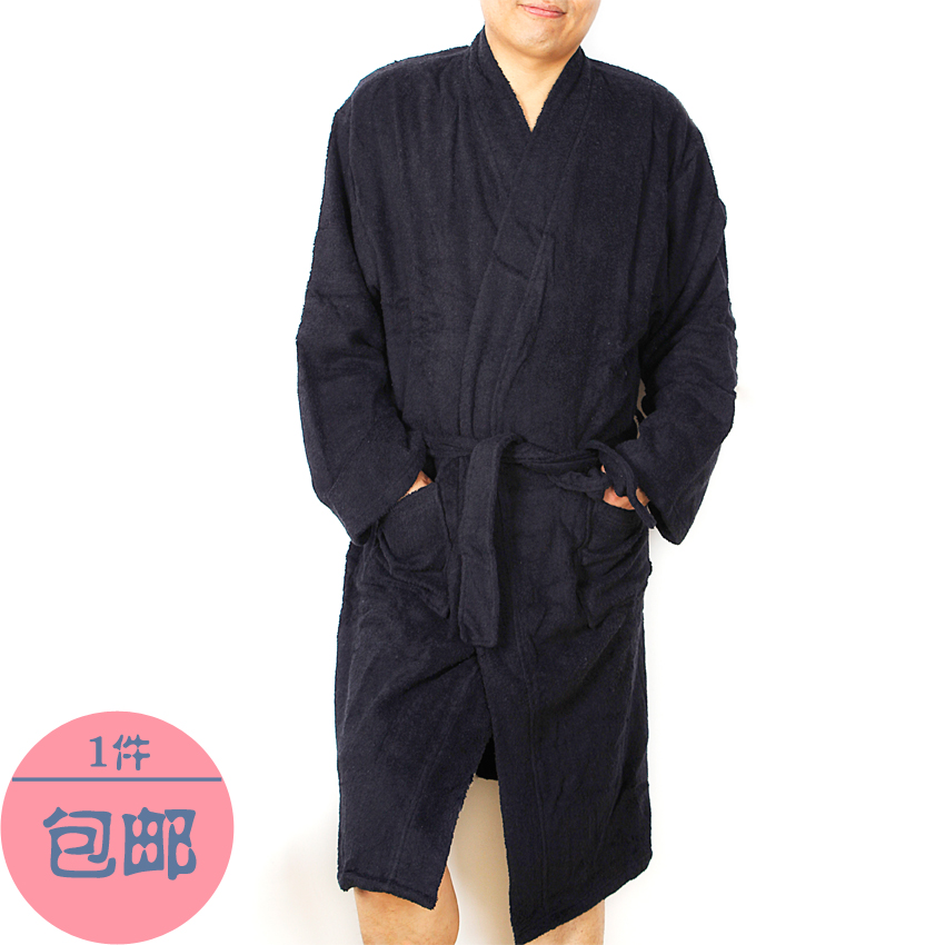 Separate black 100% cotton terry cloth male long design bathrobe robe sleepwear khan steam clothing