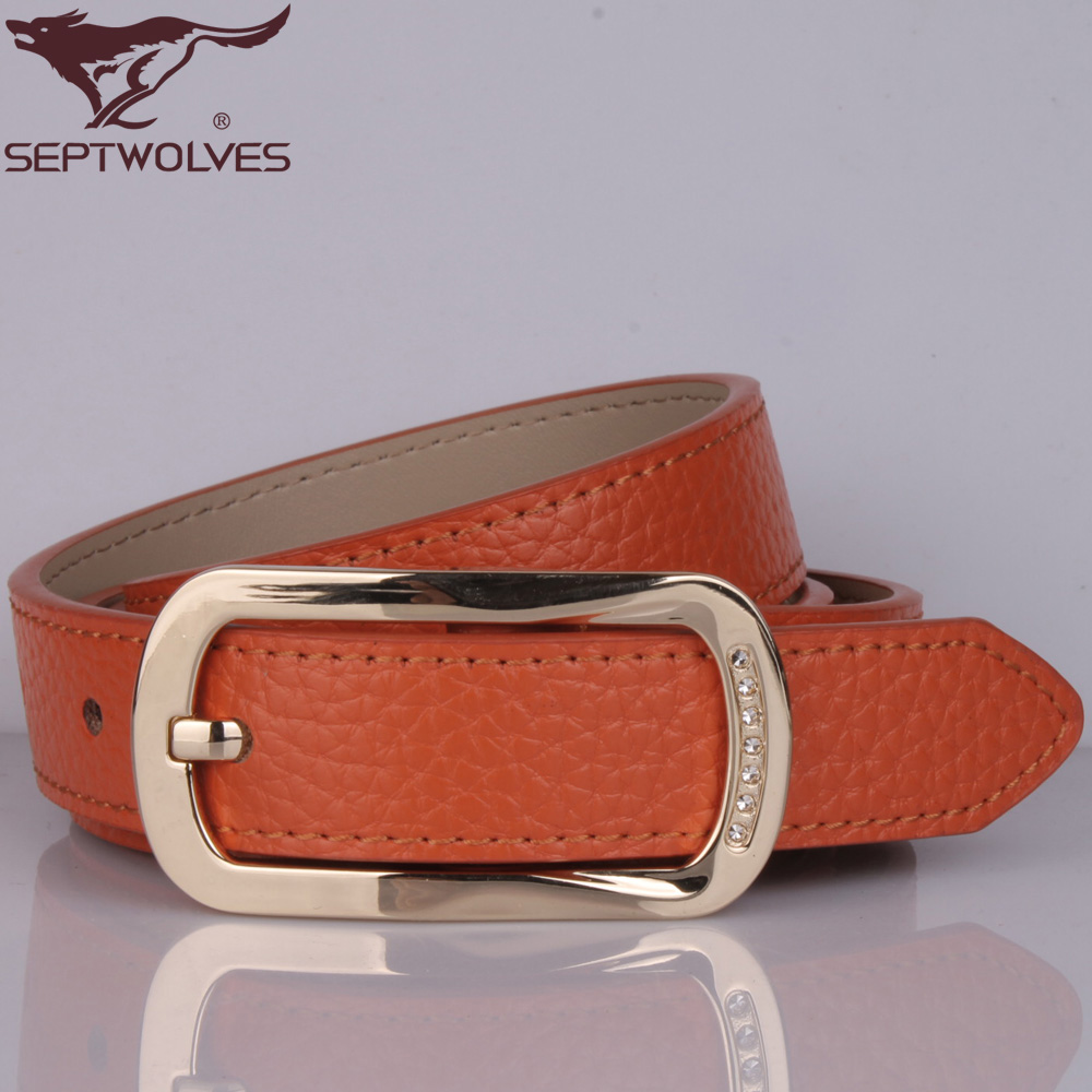 SEPTWOLVES female pin buckle genuine leather strap women's diamond cowhide belt