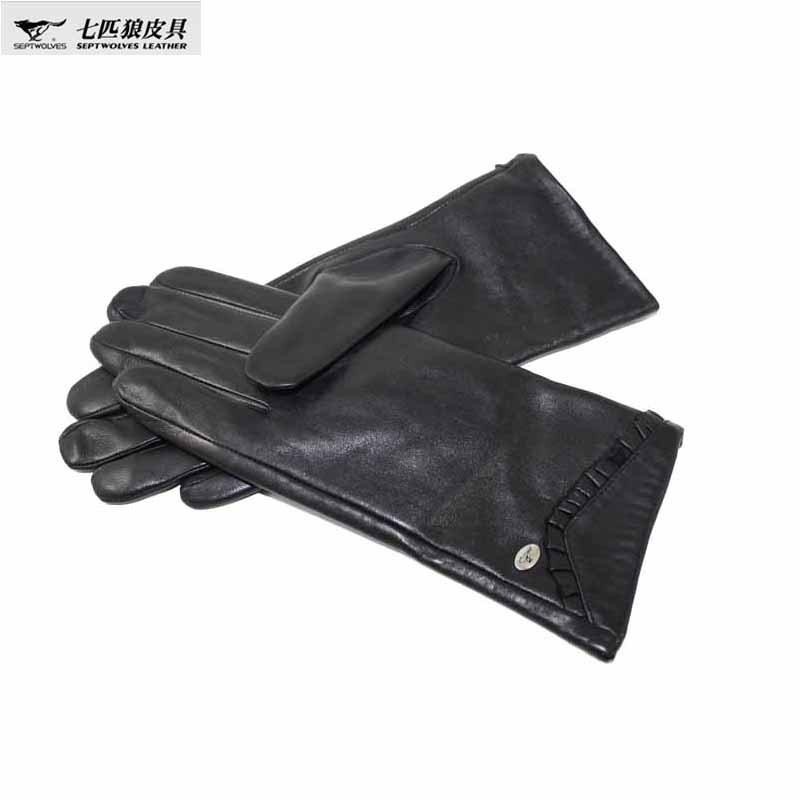 SEPTWOLVES gloves autumn and winter women's leather gloves female thermal sheepskin genuine leather gloves fashion black