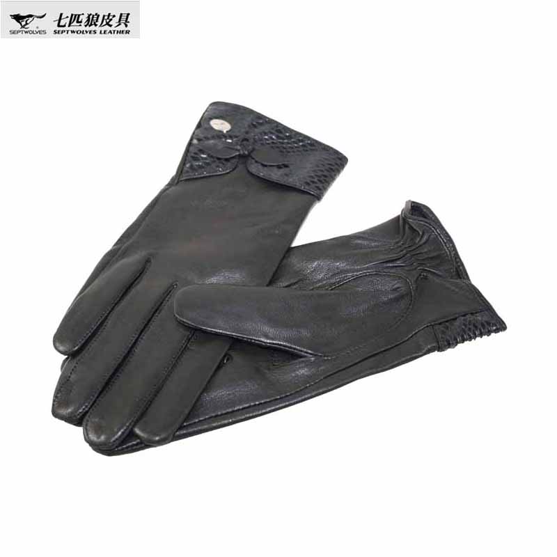 SEPTWOLVES gloves women's leather gloves female thermal sheepskin genuine leather gloves thin black