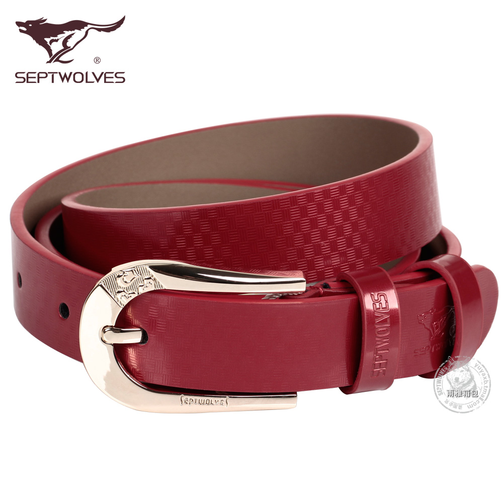 SEPTWOLVES strap female casual pin buckle cowhide belt genuine leather red fashion