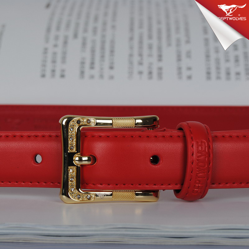 SEPTWOLVES women's strap fashion strap belt sparkling diamond red genuine leather cowhide all-match