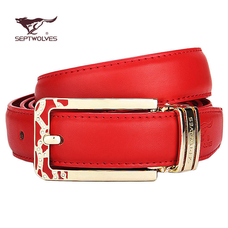 SEPTWOLVES women's strap genuine leather belt female fashion pin buckle cowhide rhinestone