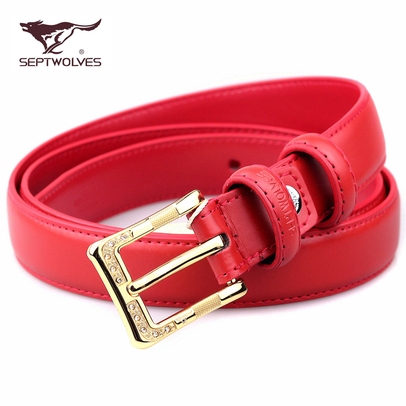 SEPTWOLVES women's strap genuine leather female belt fashion gems decoration red
