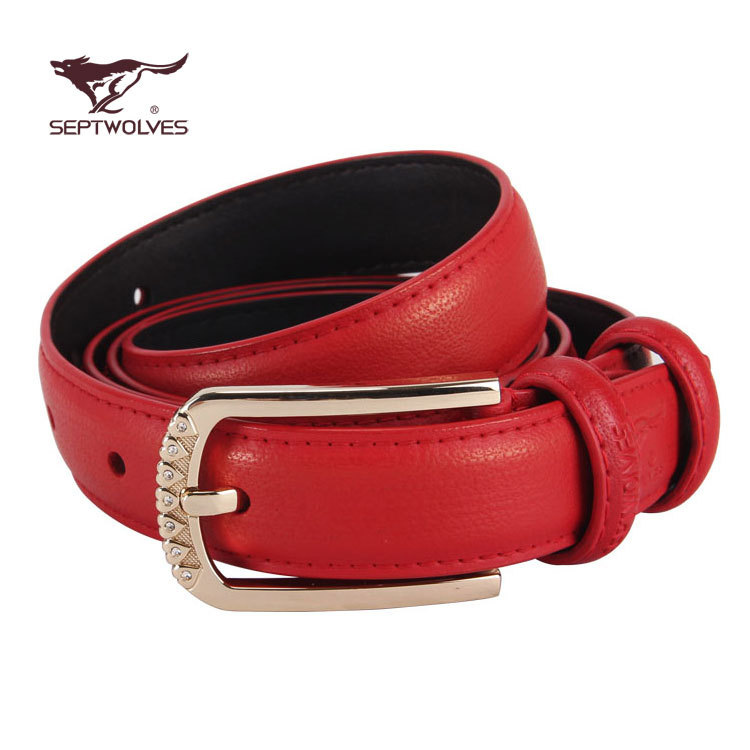 SEPTWOLVES women's thin belt fashion genuine cowhide leather strap rhinestone pin buckle all-match 7036000