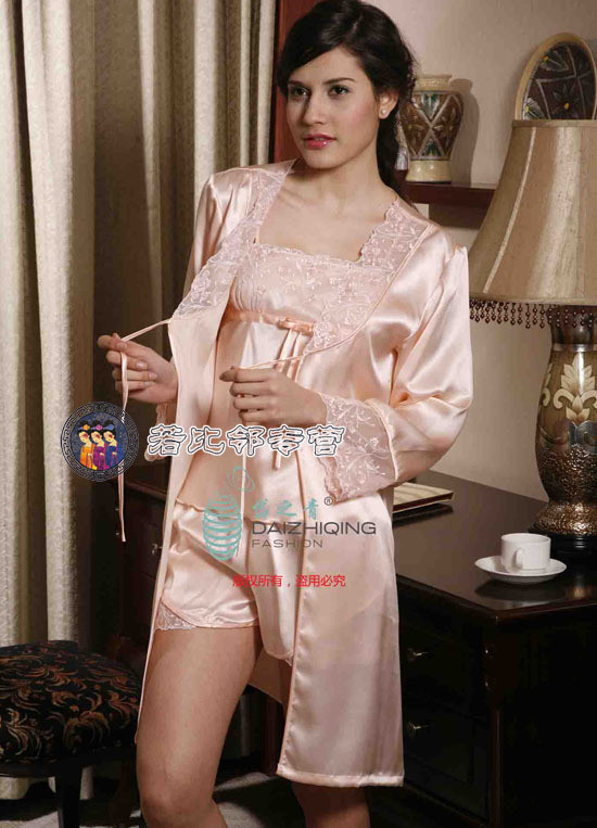 Sericiculture silk sleepwear lounge lace female spaghetti strap shorts bathrobes robe piece set