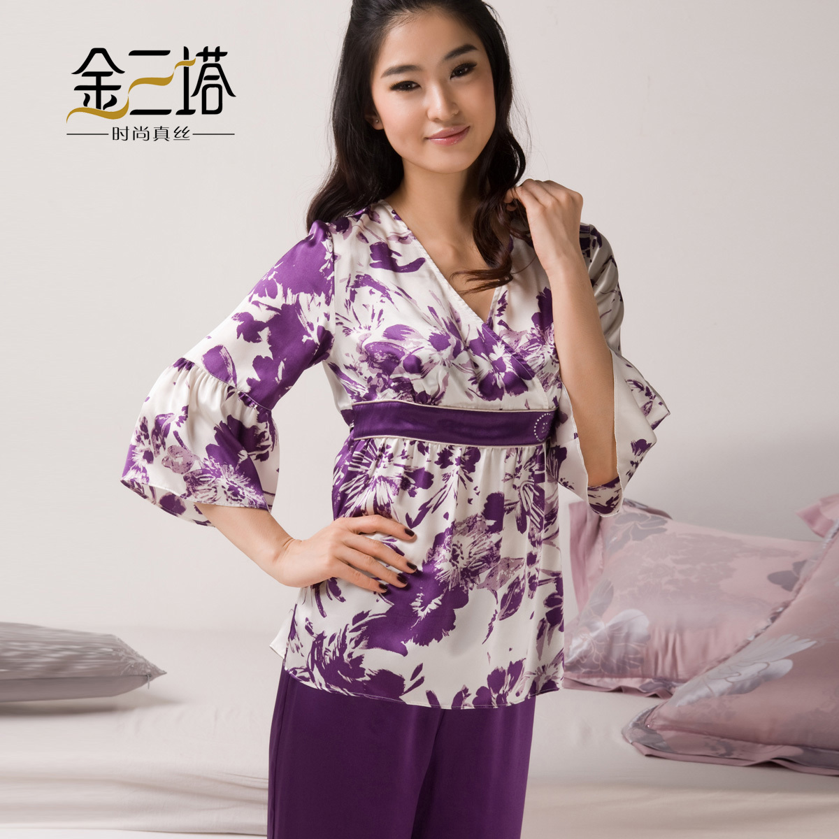 Sericiculture silk splash-ink print female sleepwear set 298