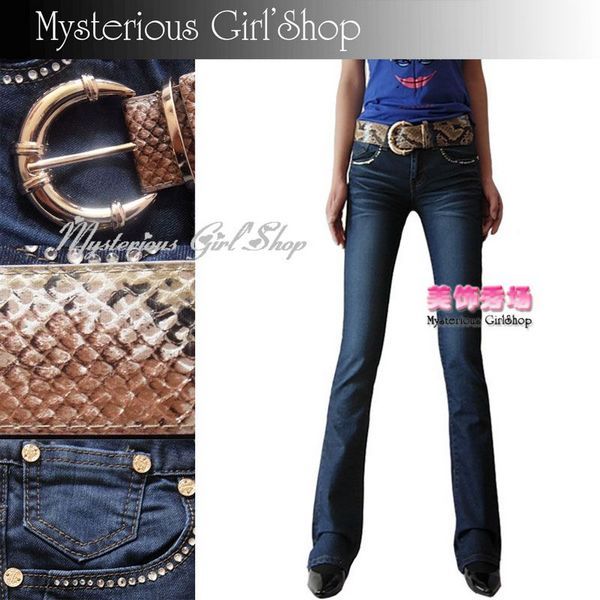 Serpentine pattern decoration belt sparkling diamond slim bell-bottom jeans with belt