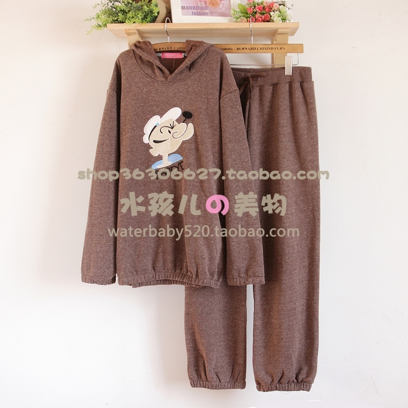 Set autumn and winter plus velvet thickening POPEYE 100% cotton long-sleeve female lounge sleep set male