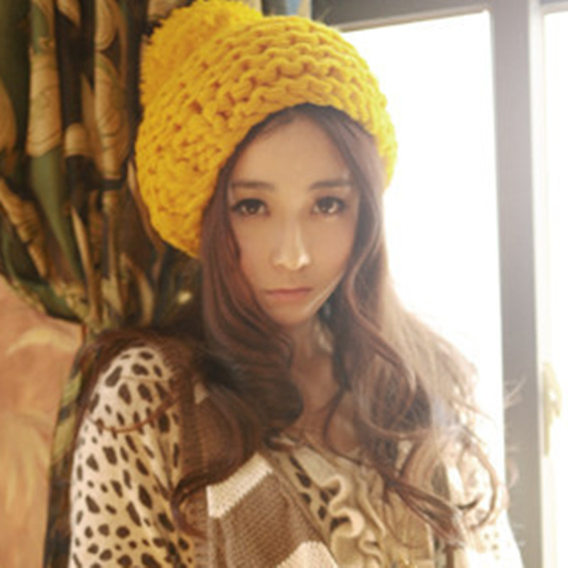 Set buyers show star style thick yarn big pompon ginger yellow knitted hat