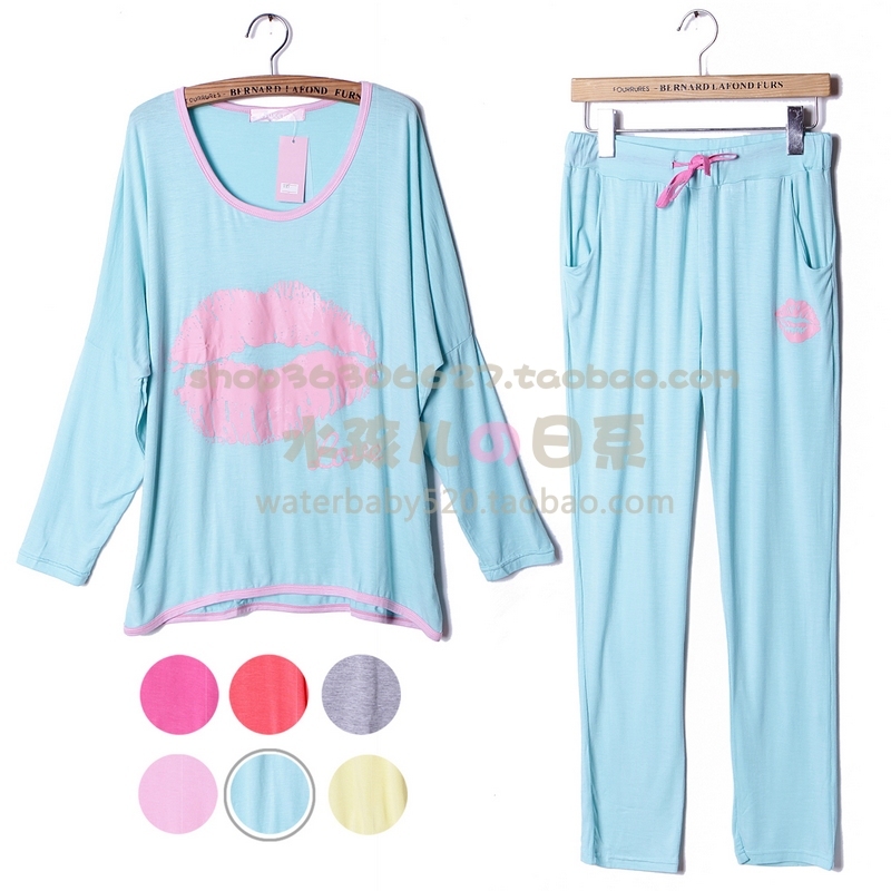 Set candy lounge spring and autumn long sleeve length pants sleepwear female pink 100% cotton modal set