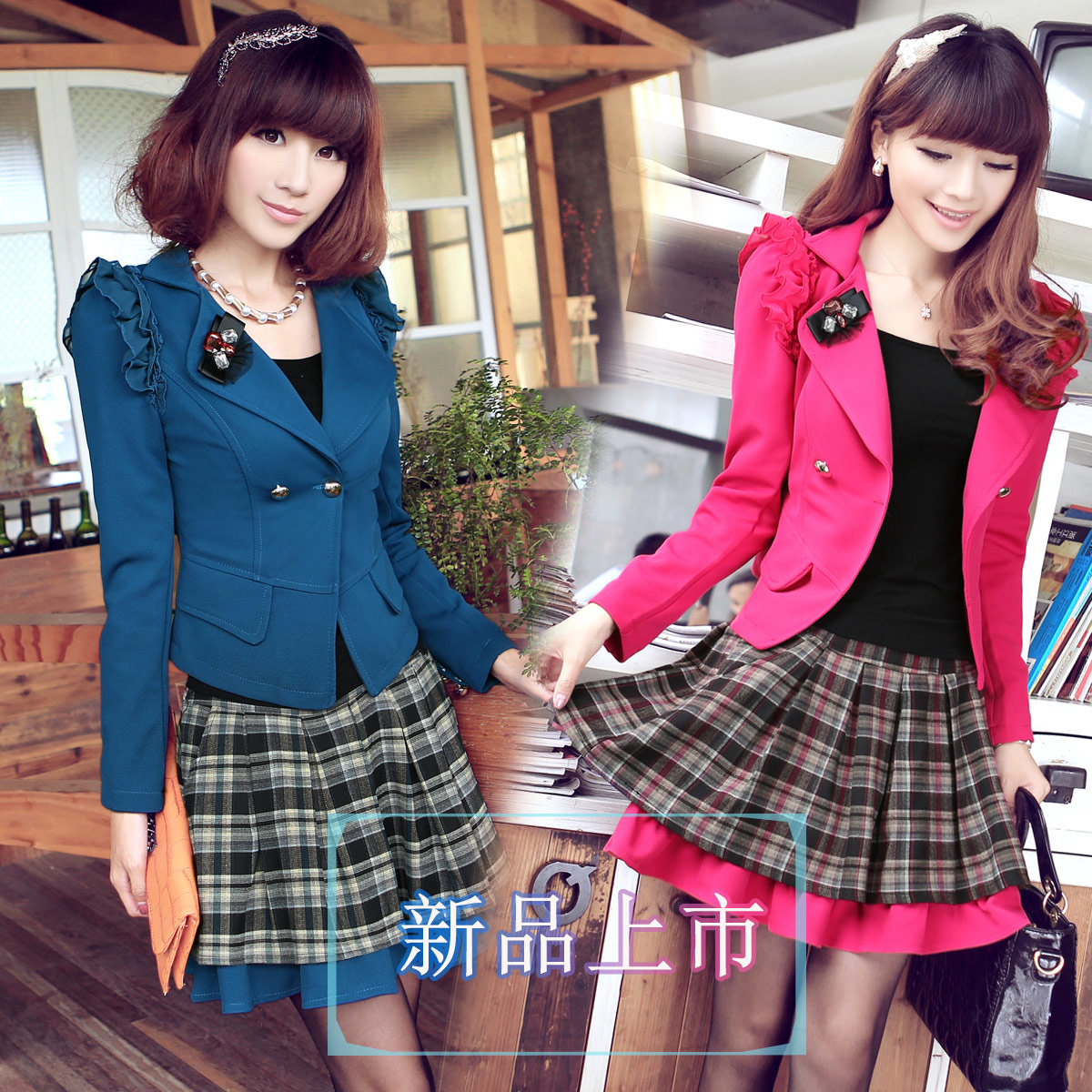 Set female 2013 sweet slim classic plaid long-sleeve suit aesthetic twinset corsage